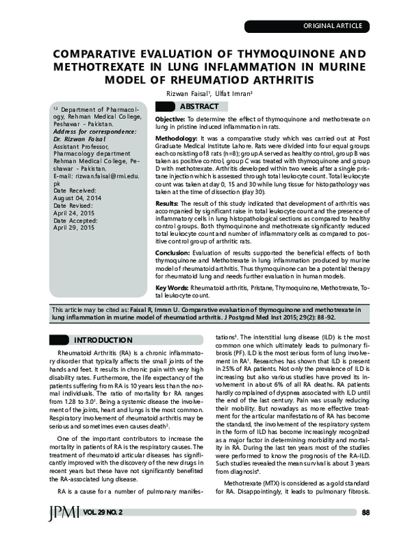 (PDF) Comparative Evaluation of Thymoquinone and Methotrexate in Lung ...