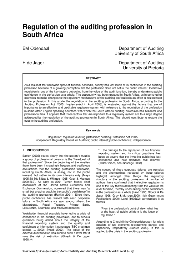 (PDF) Regulation of the auditing profession in South Africa