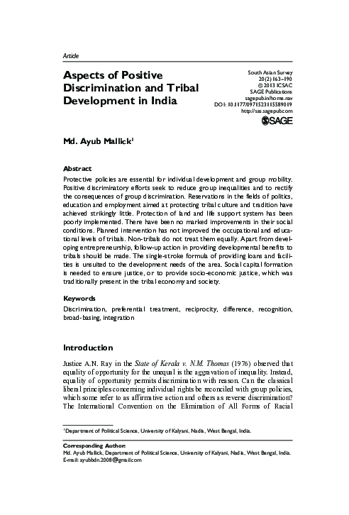 (PDF) Aspects of Positive Discrimination and Tribal Development in India