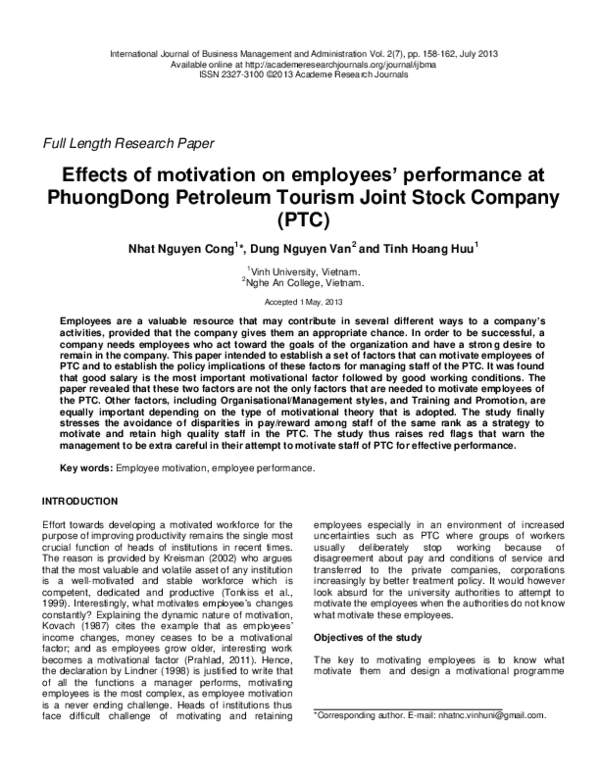 (PDF) Effects of Motivation on Employees’ Performance at Petrovietnam ...