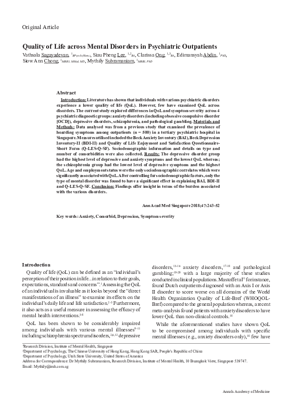 (PDF) Quality of Life across Mental Disorders in Psychiatric Outpatients