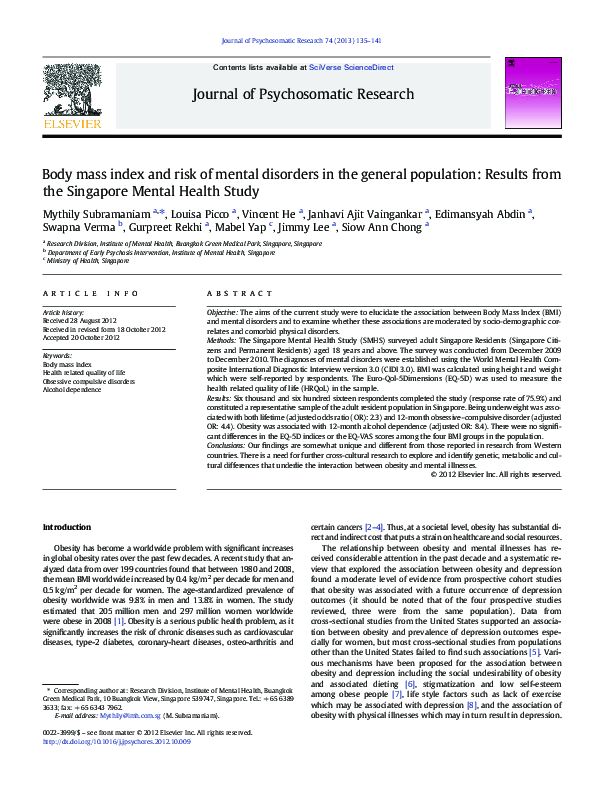 (PDF) Body mass index and risk of mental disorders in the general ...