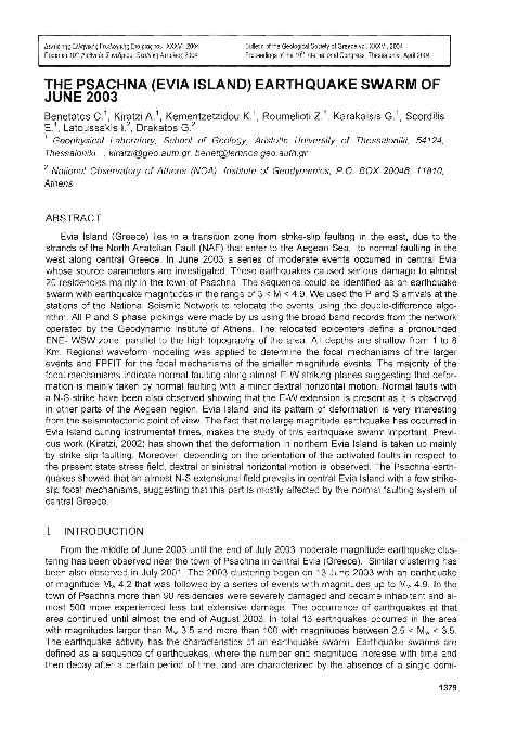 (PDF) The Psachna (Evia Island) Earthquake Swarm of June 2003