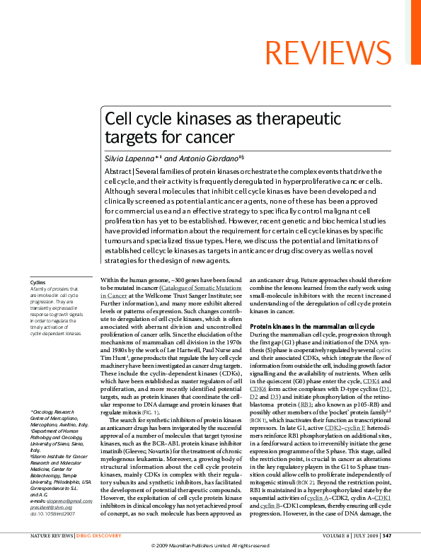 (PDF) Cell cycle kinases as therapeutic targets for cancer