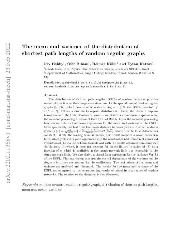 (PDF) The mean and variance of the distribution of shortest path ...