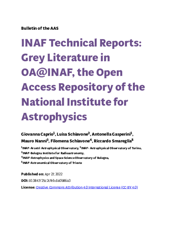 (PDF) INAF Technical Reports: Grey Literature in OA@INAF, the Open ...