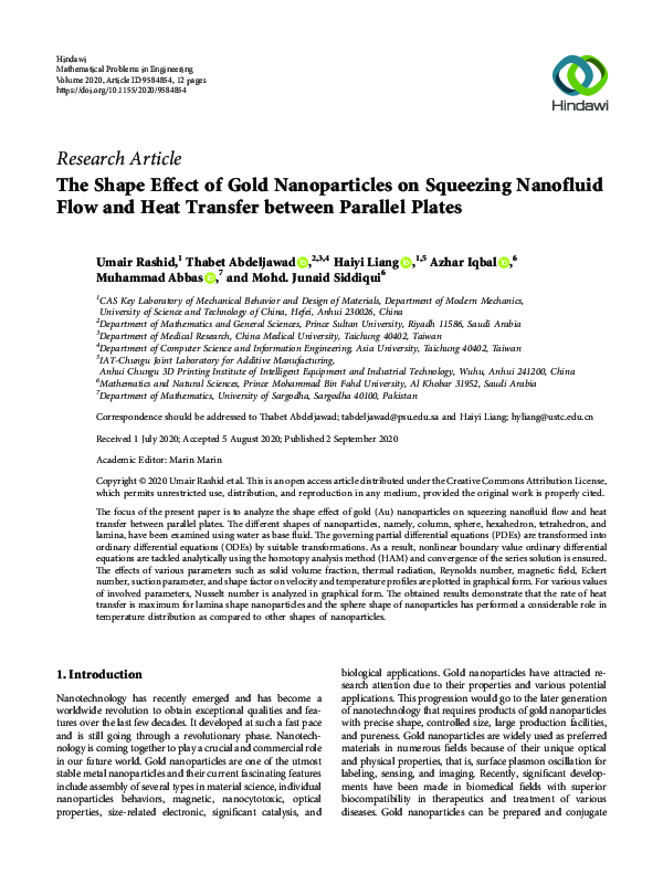 (PDF) The Shape Effect of Gold Nanoparticles on Squeezing Nanofluid ...