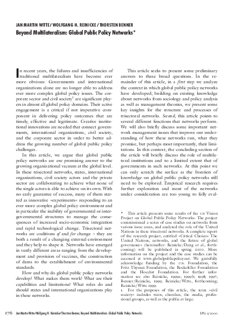 (PDF) Beyond Multilateralism: Global Public Policy Networks