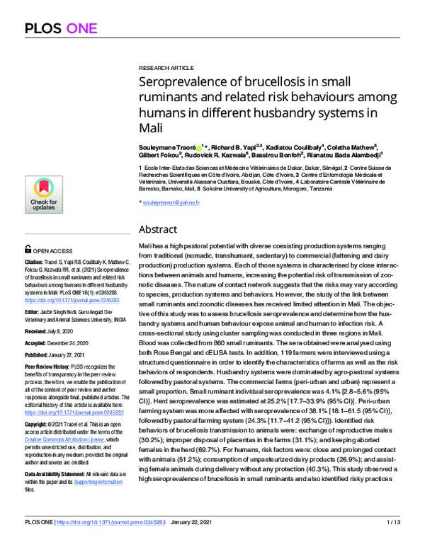 (PDF) Seroprevalence of brucellosis in small ruminants and related risk ...