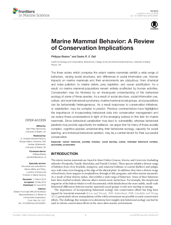 (PDF) Marine Mammal Behavior: A Review of Conservation Implications