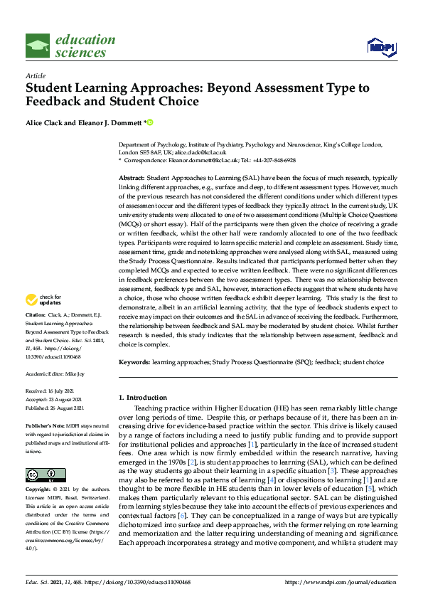 (PDF) Student Learning Approaches: Beyond Assessment Type to Feedback ...