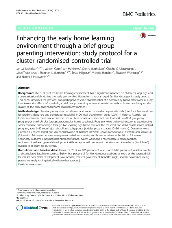 (PDF) Enhancing the early home learning environment through a brief ...