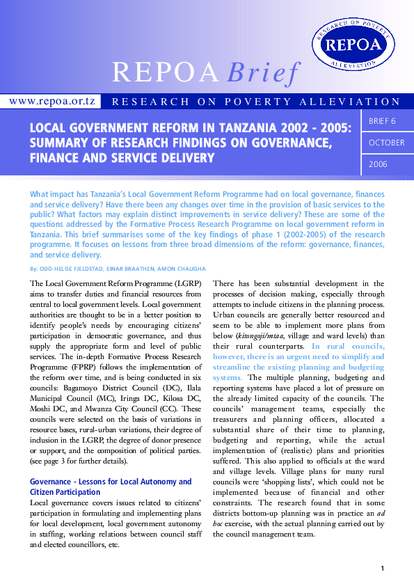(PDF) Local Government Reform in Tanzania, 2002-2005: Summary of ...