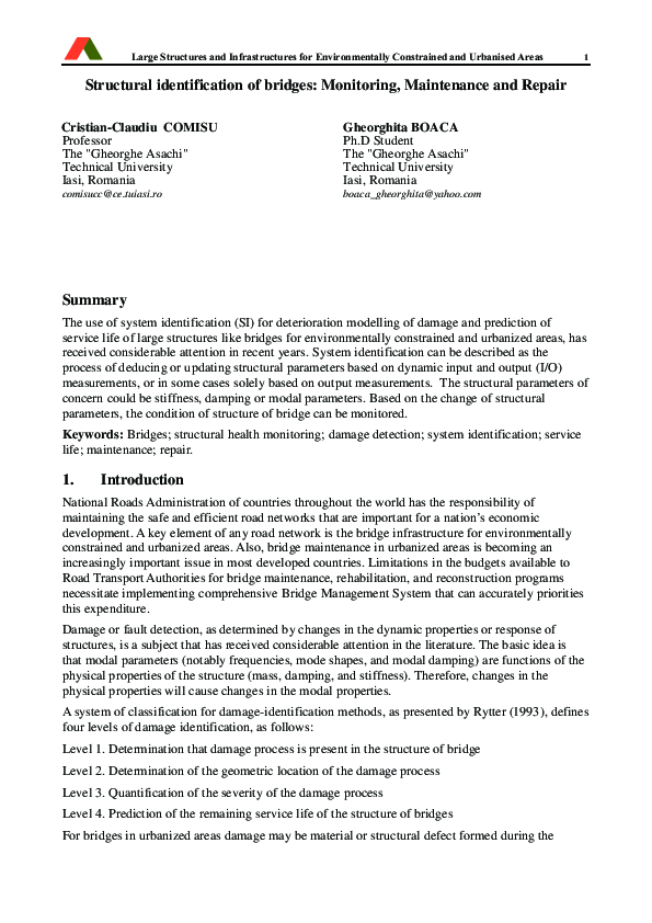(PDF) Structural identification of bridges: Monitoring, Maintenance and ...