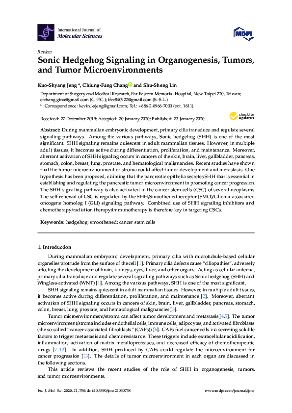 (PDF) Sonic Hedgehog Signaling in Organogenesis, Tumors, and Tumor ...