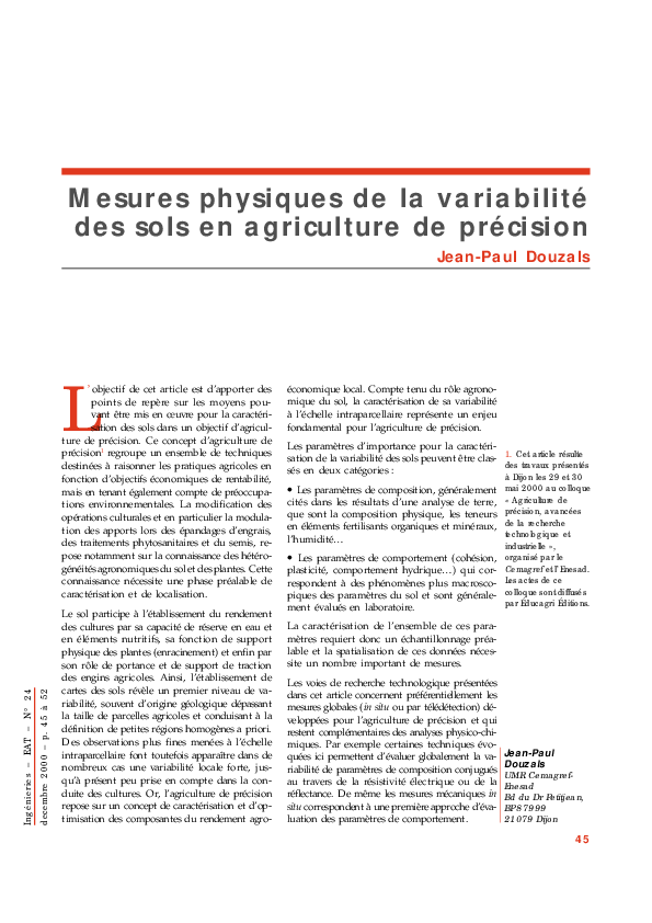 (PDF) Mesures physiques de la variabilité des sols en agriculture de ...