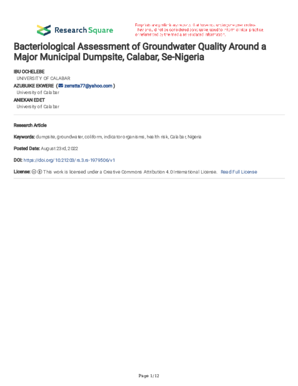 (PDF) Bacteriological Assessment of Groundwater Quality Around a Major ...