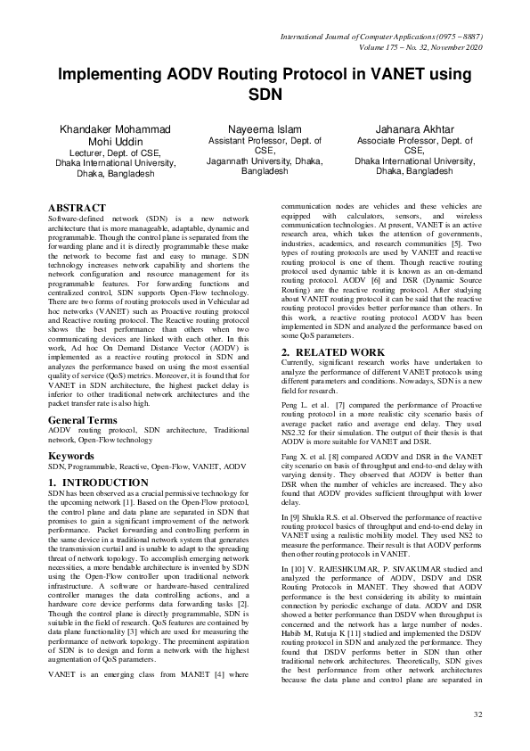 (PDF) Implementing AODV Routing Protocol in VANET using SDN