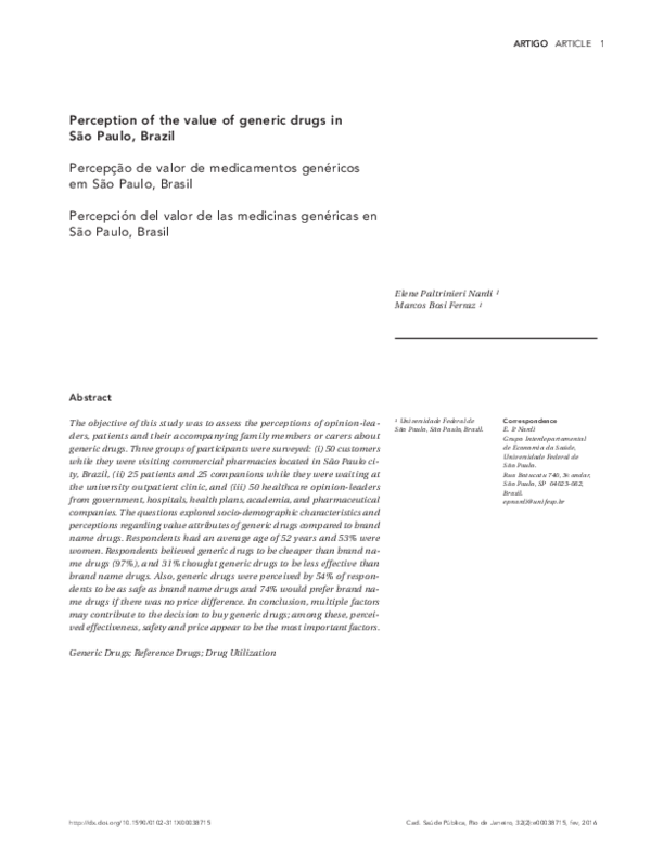 (PDF) Perception of the value of generic drugs in São Paulo, Brazil