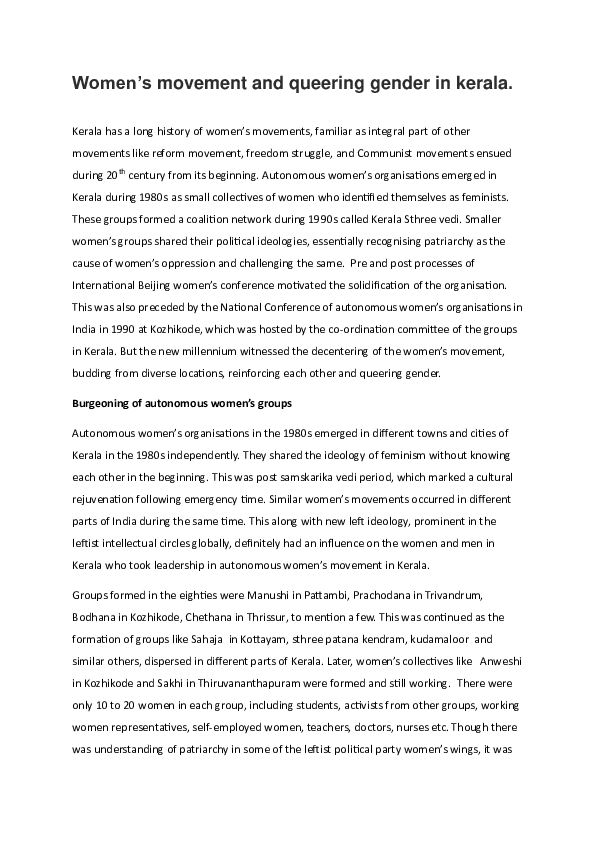 (PDF) Women's movement and queering gender in kerala
