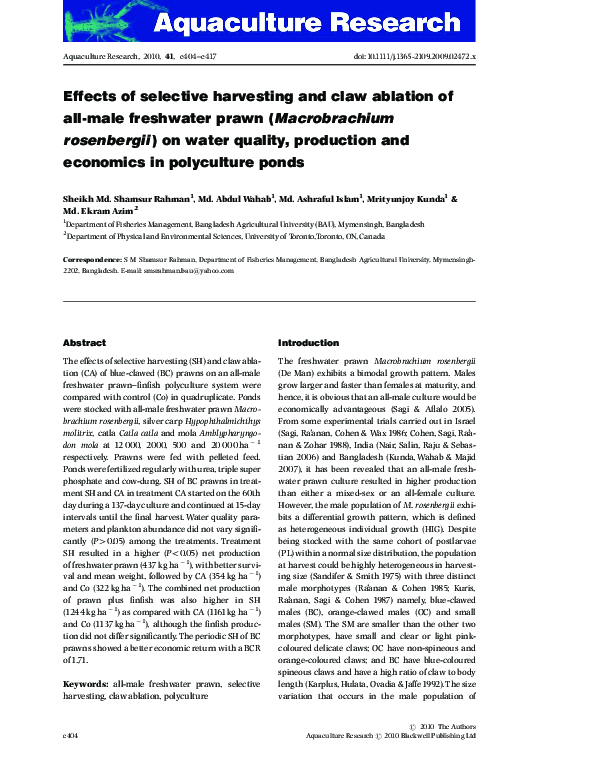 (PDF) Effects of selective harvesting and claw ablation of all-male ...