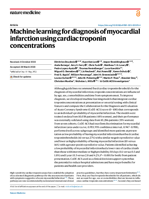 (PDF) Machine learning for diagnosis of myocardial infarction using ...