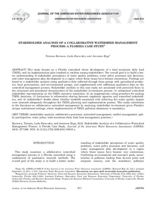 Pdf Stakeholder Analysis Of A Collaborative Watershed Management