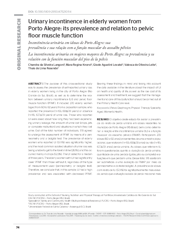 (PDF) Urinary incontinence in elderly women from Porto Alegre: its ...