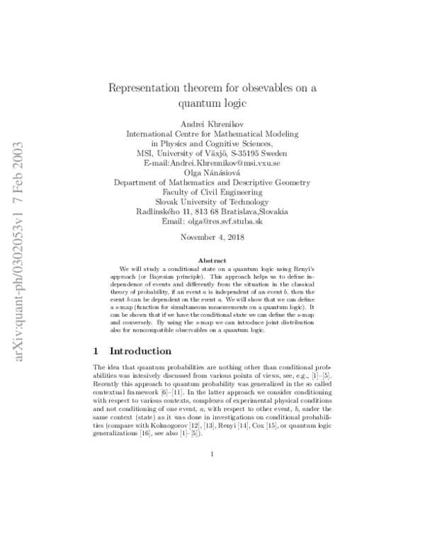 (PDF) Representation theorem for obsevables on a quantum logic