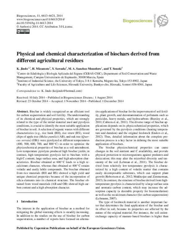 (PDF) Physical and chemical characterization of biochars produced from ...