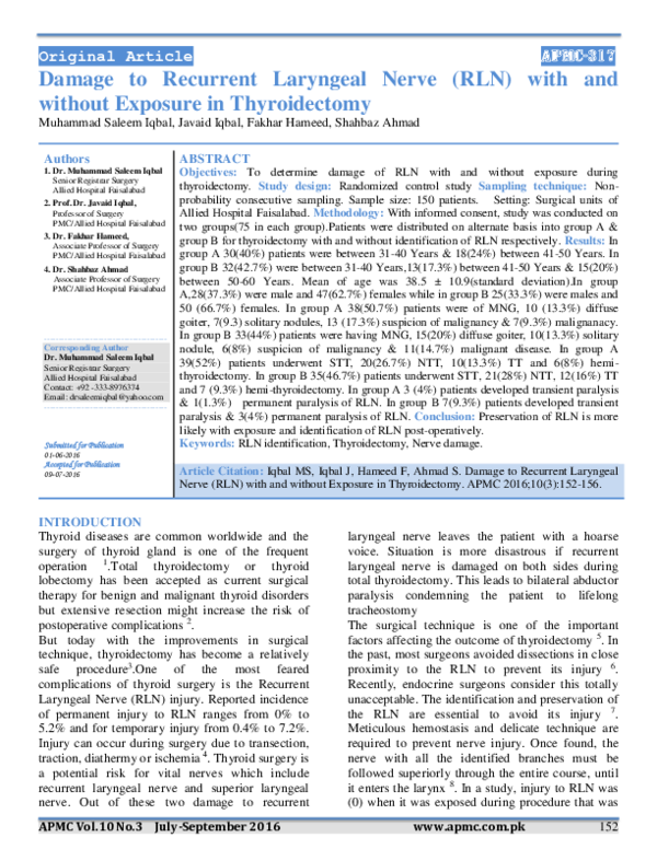 (PDF) Damage to Recurrent Laryngeal Nerve (RLN) with and without ...