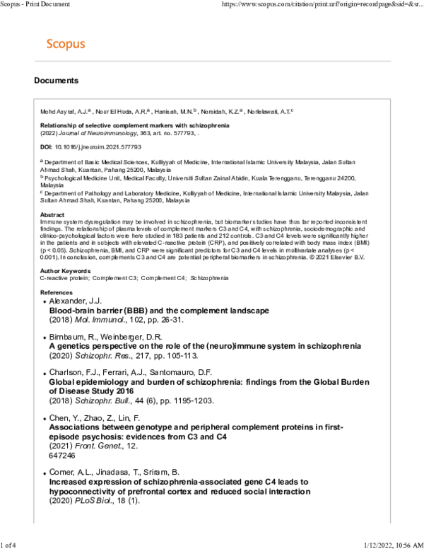 (PDF) Relationship of selective complement markers with schizophrenia