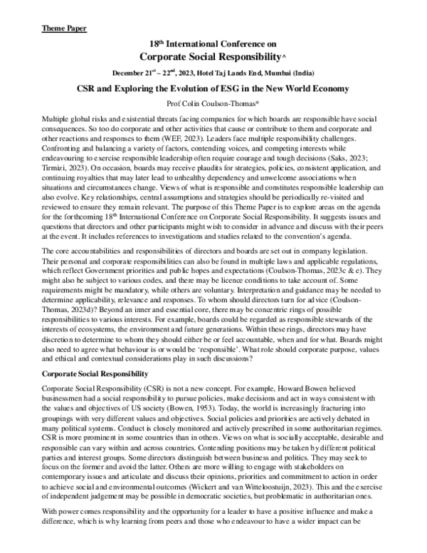 (PDF) CSR and Exploring the Evolution of ESG in the New World Economy