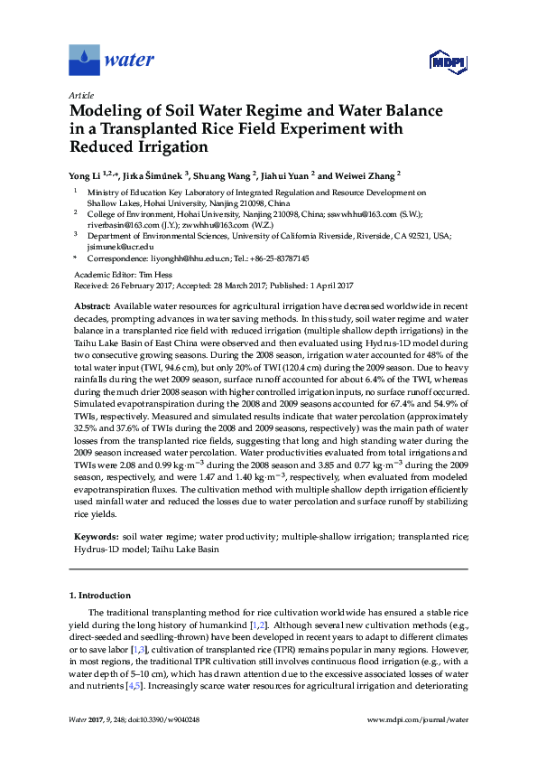 (PDF) Modeling of Soil Water Regime and Water Balance in a Transplanted ...