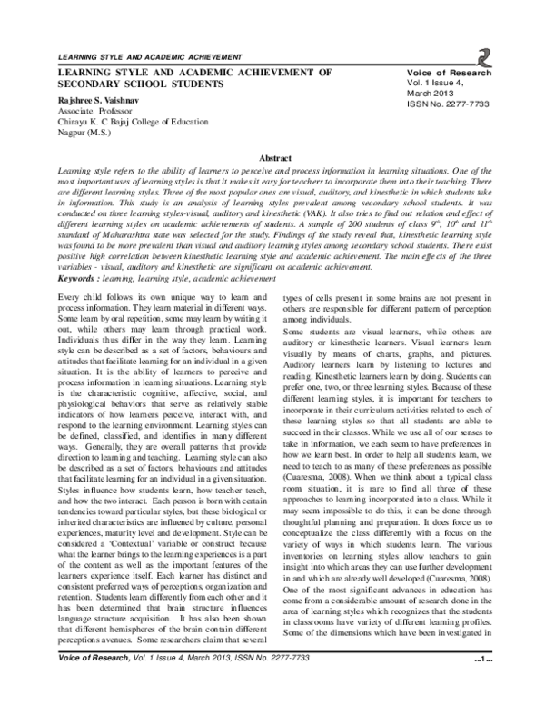 (PDF) Learning Style and Academic Achievement of Secondary School Students