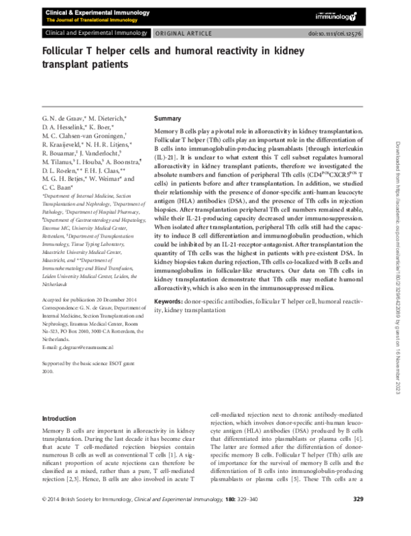 (PDF) Follicular T helper cells and humoral reactivity in kidney ...