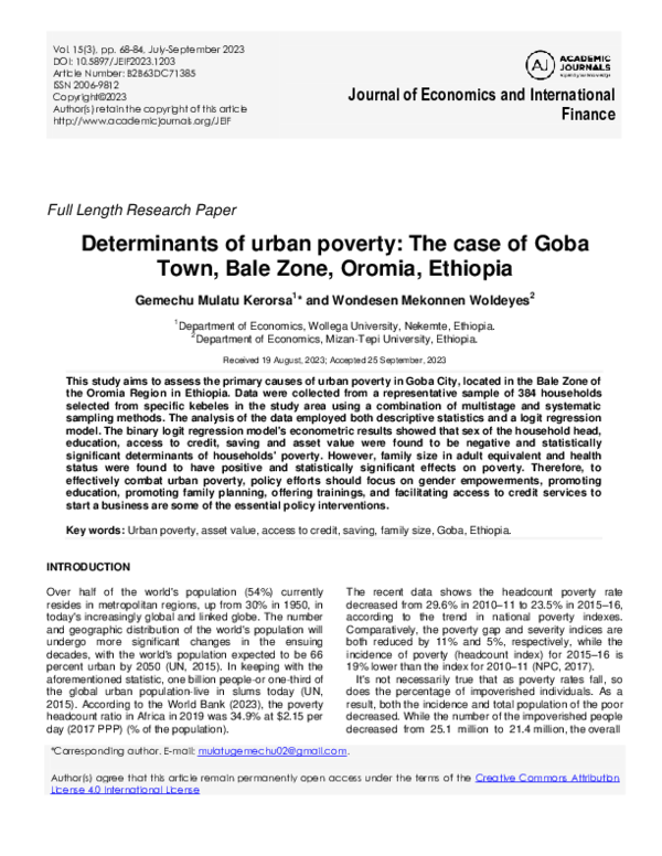 (PDF) Determinants of urban poverty: The case of Goba Town, Bale Zone ...