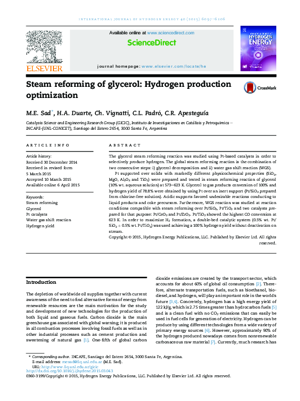 (PDF) Steam reforming of glycerol: Hydrogen production optimization