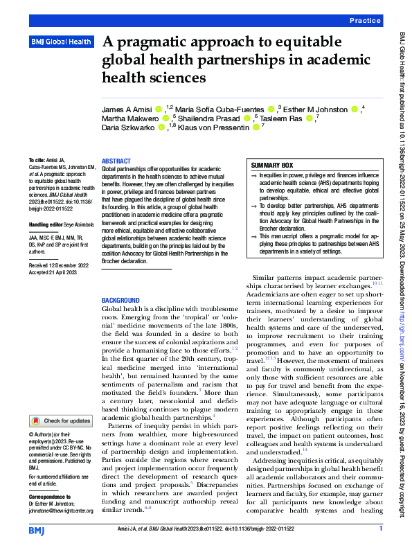 (PDF) A pragmatic approach to equitable global health partnerships in ...