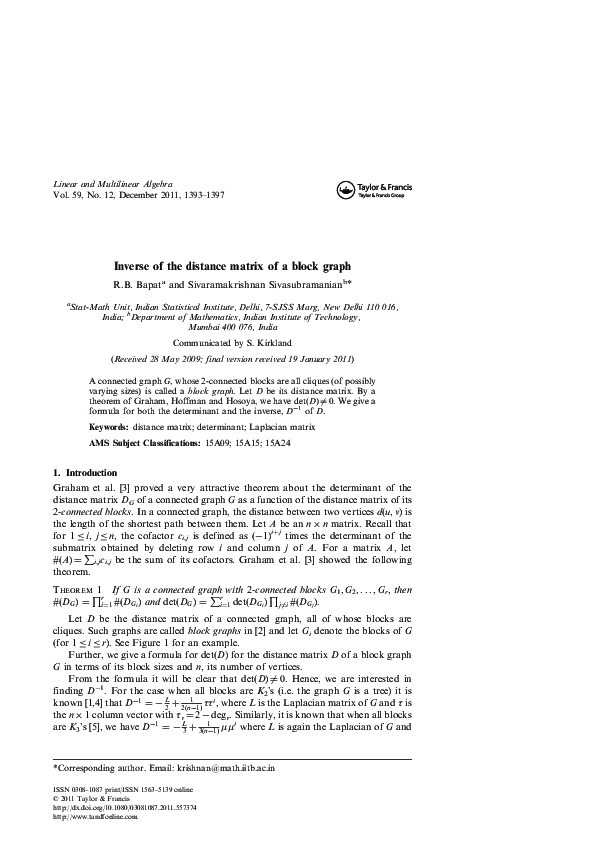 (PDF) Inverse of the distance matrix of a block graph