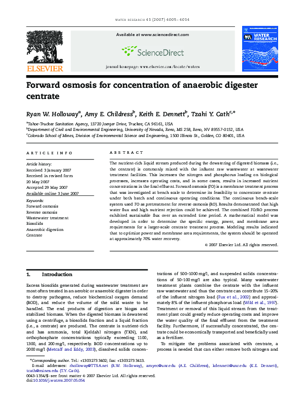 (PDF) Forward osmosis for concentration of anaerobic digester centrate