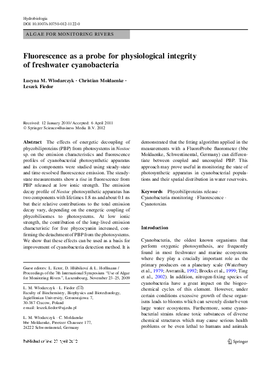 (PDF) Fluorescence as a probe for physiological integrity of freshwater
