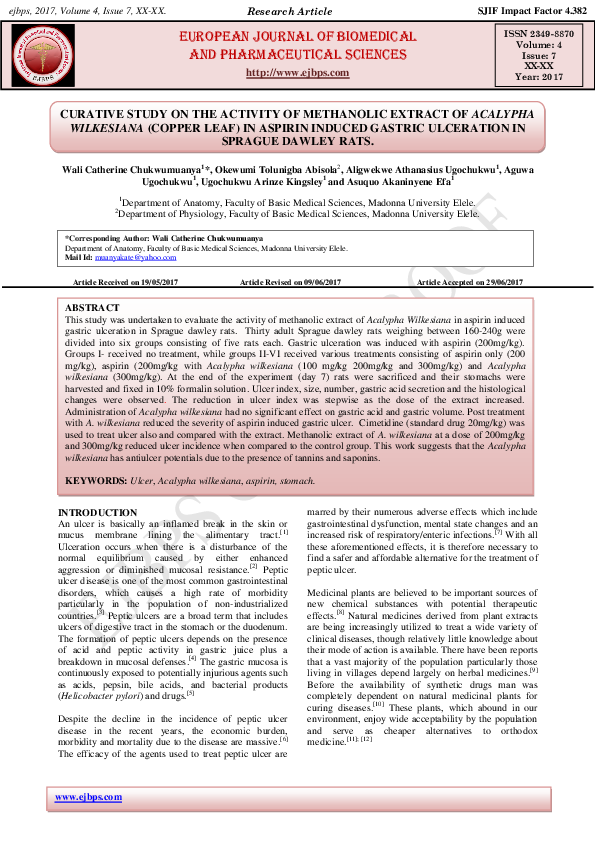 (PDF) CURATIVE STUDY ON THE ACTIVITY OF METHANOLIC EXTRACT OF ACALYPHA ...