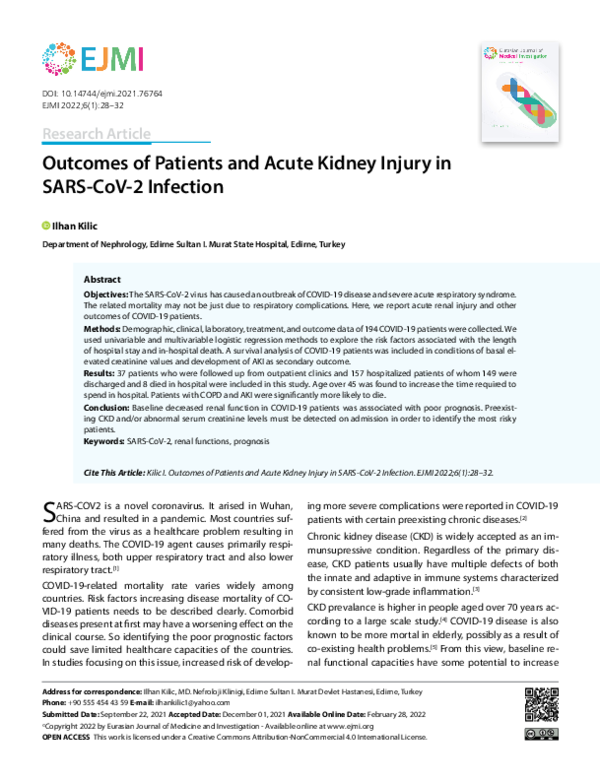 (PDF) Outcomes of Patients and Acute Kidney Injury in SARS-CoV-2 Infection