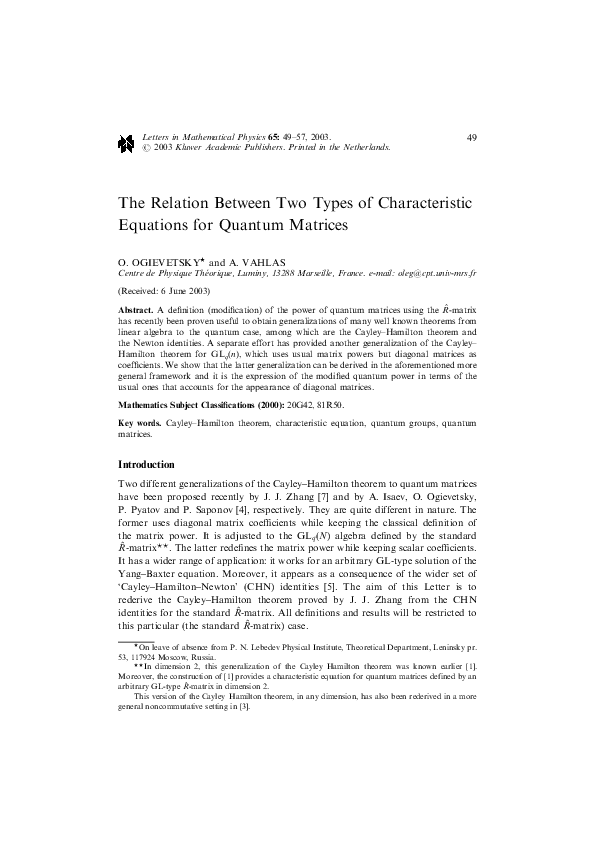 (PDF) The Relation Between Two Types of Characteristic Equations for ...