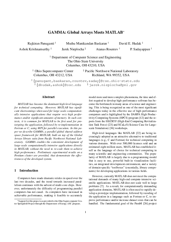 (PDF) GAMMA Global Arrays Meets MATLAB Ashok Krishnamurthy Academia.edu