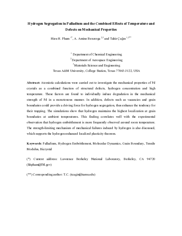 (PDF) Hydrogen Segregation in Palladium and the Combined Effects of ...