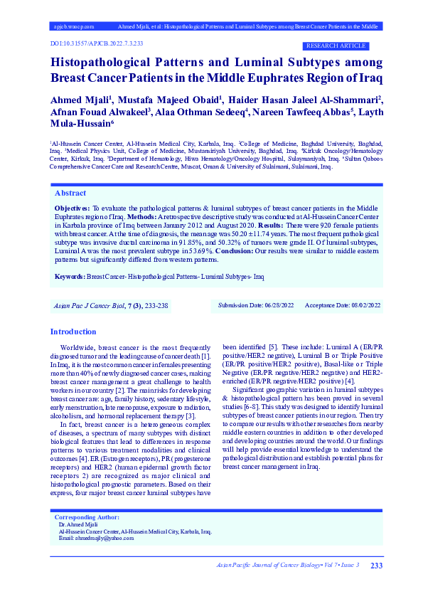 (PDF) Histopathological Patterns and Luminal Subtypes among Breast ...