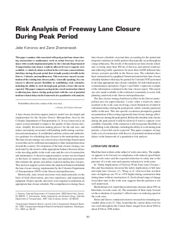 (PDF) Risk Analysis of Freeway Lane Closure During Peak Period