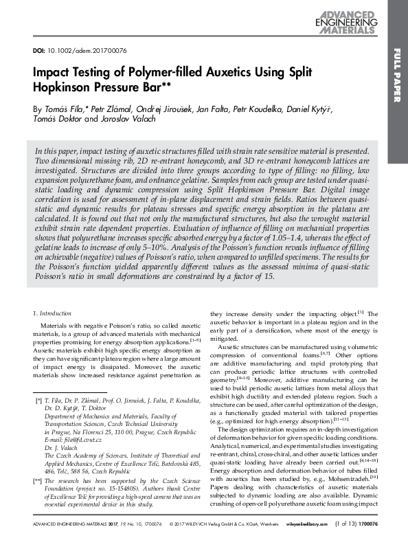 (PDF) Impact Testing of Polymer-filled Auxetics Using Split Hopkinson ...